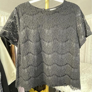 Monteau Black Lace Blouse Short Sleeve Keyhole Button Back Sz XL